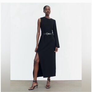 ASYMMETRICAL CREPE MIDI DRESS. SIZE L